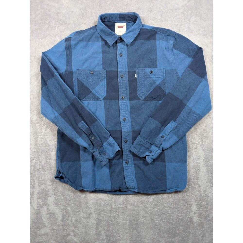 Levis Flannel Button Up Shirt Mens Large Blue Plaid Heavy Warm Casual Streetwear